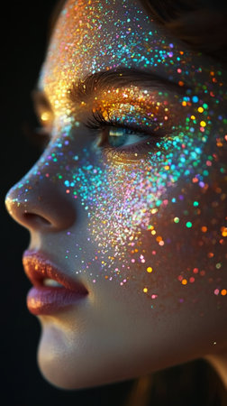 A captivating close-up features a woman with shimmering glitter makeup on her face. Her skin glows with colorful hues, enhancing her beauty.の素材