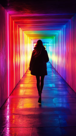 A person walks through a brightly lit tunnel filled with vibrant colors reflecting off the walls. The atmosphere feels surreal and dreamlike, creating a captivating experience.の素材