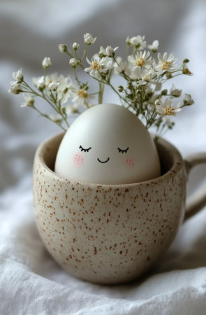 A smiling egg decorated with small white flowers sits in a speckled bowl, resting on a soft fabric background, creating a cheerful spring atmosphere.の素材