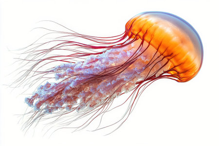 A jellyfish moves elegantly through the water, displaying its vibrant orange and pink hues. Long, flowing tentacles trail behind while it drifts peacefully in its ocean habitat.の素材