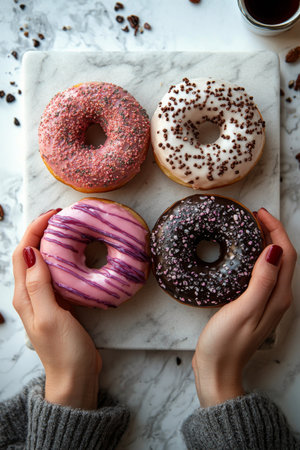 Two hands clutch three donuts, showcasing pink, brown, and dark purple glazes, decorated with colorful sprinkles against a marble surface.の素材