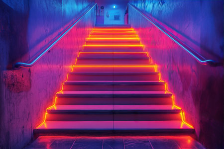 A staircase is illuminated by bright neon lights in shades of pink and blue, set against an urban brick wall. The colorful ambiance draws attention and creates a striking visual.の素材