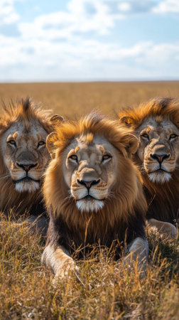 Three majestic lions are lying close together in a vast expanse of golden grass, with a soft sunset light illuminating their faces. Their expressions are calm and regal.の素材