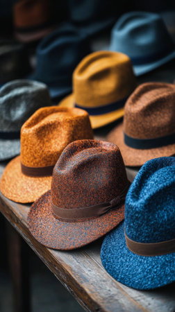 A variety of hats in vibrant colors are arranged in an organized pattern on a rustic wooden surface. Each hat features unique styles and textures, creating an attractive display.の素材