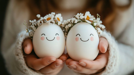 Two adorable eggs with smiling faces are held gently in hands, surrounded by floral decorations. This charming display brings a joyful and serene ambiance to the scene.の素材