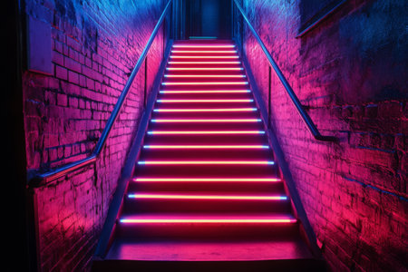A staircase is illuminated by bright neon lights in shades of pink and blue, set against an urban brick wall. The colorful ambiance draws attention and creates a striking visual.の素材