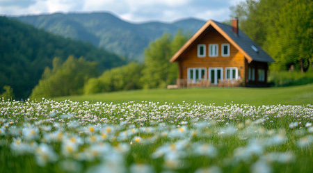A cozy cabin rests at the foot of majestic mountains, surrounded by vibrant wildflowers under a colorful sunset sky. Nature's beauty creates a tranquil atmosphere.の素材