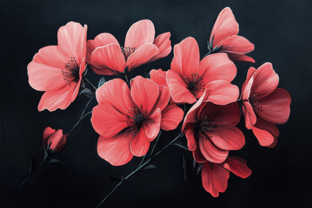 Vibrant pink flowers arranged gracefully against a black backdrop showcase their delicate petals and details. The composition highlights nature's beauty and elegance.の素材