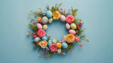 A vibrant wreath adorned with various pastel-colored eggs and flowers is displayed against a cheerful blue background, celebrating the Easter season.の素材