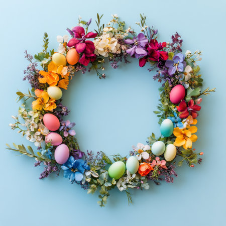 A vibrant wreath featuring an array of flowers and pastel-colored eggs is displayed against a light blue background, celebrating Easter and spring themes.の素材