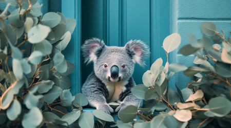 A playful koala is curiously peeking from behind a vibrant blue door. Eucalyptus leaves frame this adorable moment, showcasing the koala's charming expression in natural light.の素材