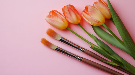 A collection of vibrant orange tulips is arranged alongside two paintbrushes on a soft pink background, offering an artistic and colorful display that inspires creativity.の素材