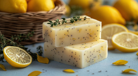Lemon soap bars are stacked neatly, adorned with fresh thyme and lemon slices, alongside a basket overflowing with vibrant lemons, all set against a light blue background.の素材