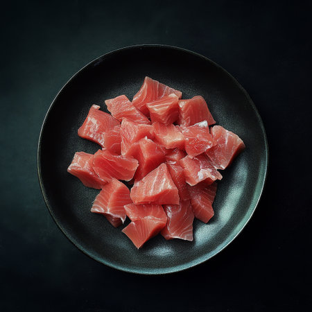 Freshly cut tuna cubes arranged neatly on a textured black plate. The vibrant color of the tuna stands out against the dark background, highlighting the quality of the fish.の素材