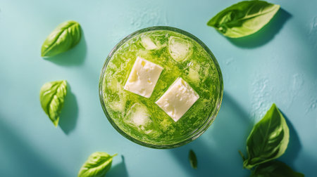 A visually appealing green drink featuring fresh basil leaves and ice cubes on a light blue surface, ideal for a hot day or relaxation.の素材