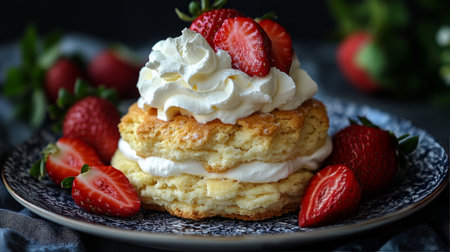 Layers of fluffy shortcake are topped with whipped cream and fresh strawberries, served on a decorative plate with additional berries around the edges.の素材