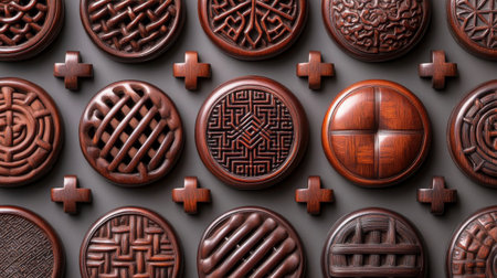 Sets of closely woven patterns create a stunning display of artistry with light-colored materials arranged meticulously in a grid. Each piece reflects skill and attention to detail.の素材