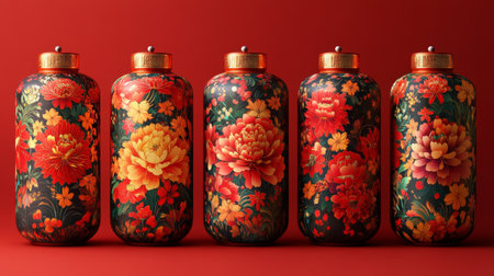 Five decorative vases featuring vibrant floral designs stand in a row. The bold colors contrast beautifully with the deep red background, creating an eye-catching display.の素材