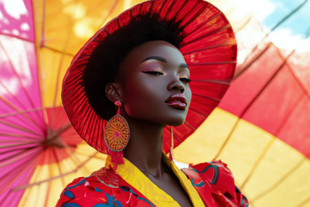 A woman poses confidently outdoors, surrounded by bright, flowing fabrics in red, yellow, and orange hues. Her stylish sunglasses and earrings add flair to the cheerful atmosphere.の素材