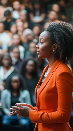 A confident speaker dressed in an orange jacket engages a large audience at a conference. Attendees listen intently, creating a focused atmosphere in the room.の素材