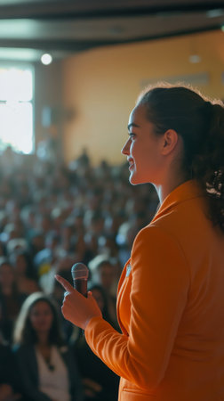 A confident speaker dressed in an orange jacket engages a large audience at a conference. Attendees listen intently, creating a focused atmosphere in the room.の素材