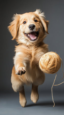 A golden retriever leaps into the air with excitement, carrying a ball of yarn in its mouth. The image captures the playful spirit of the dog in a minimalistic studio environment.の素材