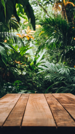 A wooden table stands empty in a dense tropical forest. Sunlight filters through the lush leaves, creating a serene and peaceful atmosphere ideal for relaxation.の素材