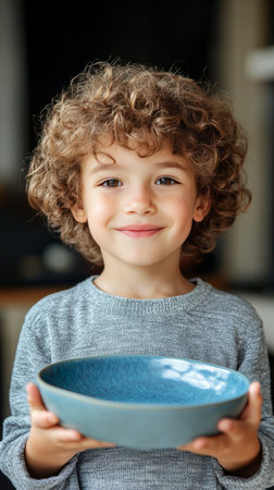 A young child with curly hair smiles widely while holding a blue plate. The gray background emphasizes the child's cheerful expression, showing innocence and joy.の素材