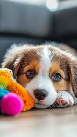 A playful puppy lounges on a soft carpet, resting its head on its paws. Nearby is a vibrant, colorful toy, adding a cheerful touch to the indoor atmosphere.の素材