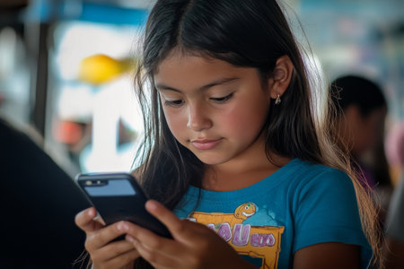 A young child with long brown hair stands holding a smartphone, surrounded by vibrant greenery. The soft natural light highlights the child's curious expression and colorful surroundings.の素材