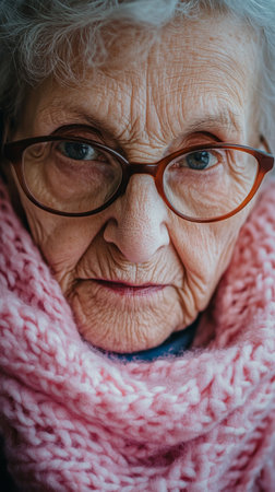 An elderly woman with glasses and a pink scarf looks directly at the viewer, her facial lines telling stories of a rich life filled with experiences and challenges.の素材