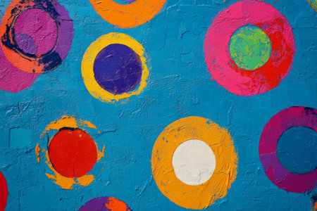 Brightly colored circular decor pieces in yellow, pink, and blue are displayed on a textured wall, creating an energetic and artistic atmosphere in an indoor setting.の素材
