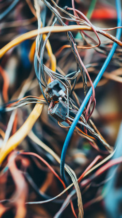 A jumble of colorful electrical wires sprawls across a workspace, showing various hues like red, blue, and yellow. The chaos highlights the intricacies of technology.の素材