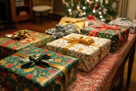 A variety of wrapped gifts in different sizes and colors are neatly arranged on a textured surface. Natural twine and small greenery accents enhance the festive presentation.の素材
