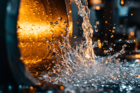 Water streams from a tap and cascades into a circular basin, generating ripples that create a serene and calming effect. Bright sunlight enhances the scene.の素材