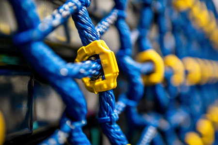 Close-up view of blue and yellow cables intricately woven together, showing a modern and vibrant design. The structure highlights the complex connectivity of electronics.の素材