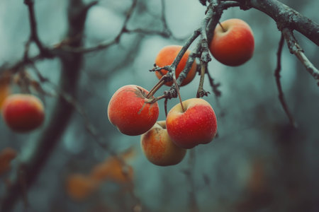Ripe red apples hang from green leaves in a vibrant orchard, reflecting sunlight on a warm afternoon, showing nature's bounty.の素材