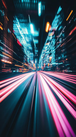 Colorful light trails twist and swirl in a dynamic display, capturing the energy of a bustling city at night.の素材