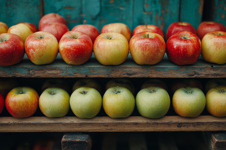 Yellow apples are carefully placed on a weathered wooden pallet at a farm stand. The fresh produce showcases the bounty of the harvest time, inviting buyers to enjoy local fruits.の素材