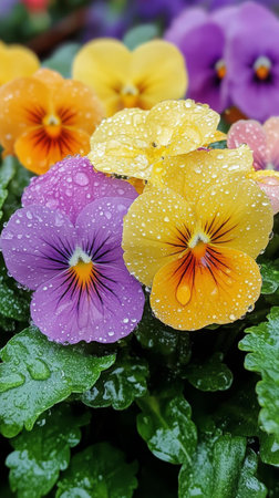 A vibrant display of pink, yellow, and orange flowers adorned with raindrops fills a lush green garden.の素材