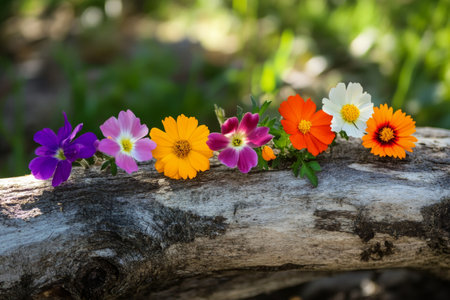 Vibrant flowers in shades of blue, yellow, pink, orange, and purple are artistically placed on a weathered log, bathed in soft sunlight filtering through the trees.の素材
