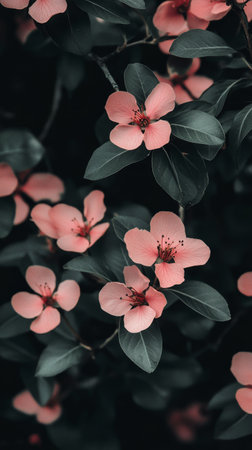 A vibrant branch adorned with clusters of pink flowers and green leaves, showing the beauty of spring in a serene garden setting. Nature flourishes with blossoms and greenery.の素材
