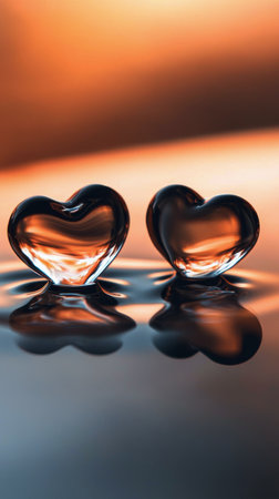 Two translucent glass hearts gently float on tranquil water, creating circular ripples while reflecting the warm hues of the setting sun, evoking feelings of love and peace.の素材