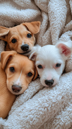 Three cute puppies lie close together, sleeping peacefully in a fluffy blanket, enjoying a warm and cozy afternoon together. Their adorable faces show pure contentment.の素材