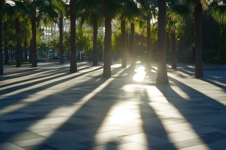 Sunlight streams through the leaves of trees, casting warm shadows on a cobblestone pathway. Fallen leaves create a picturesque and serene atmosphere in the park during autumn.の素材