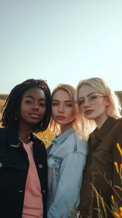 Three stylish women stand close together in a field, showcasing their outfits and sharing smiles under a clear sky. Bright sunlight enhances the natural beauty of the scene.の素材