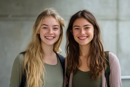 Two friends are smiling warmly while standing side by side at a spacious indoor setting, showing their happiness and friendship. Natural light highlights their joyful expressions.の素材