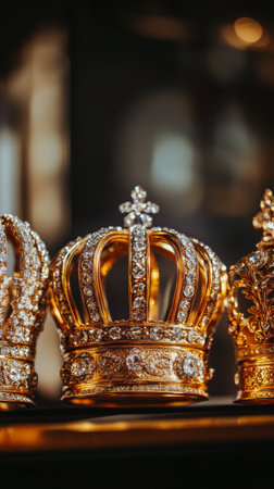 Intricately designed golden crowns are displayed on dark pedestals, highlighting their detailed craftsmanship and historical significance during a museum exhibition of royal treasures.の素材