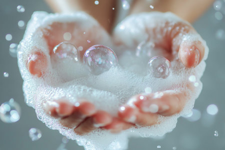 Two hands emerge from the bubbles, creating a serene moment. The light catches the bubbles, enhancing the tranquil atmosphere of the bath activity.の素材