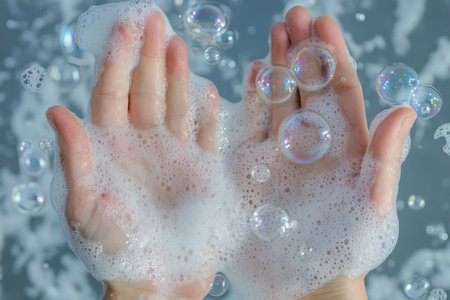 Two hands emerge from the bubbles, creating a serene moment. The light catches the bubbles, enhancing the tranquil atmosphere of the bath activity.の素材